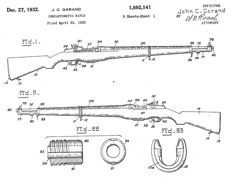 M1 Garand rifle patent drawing