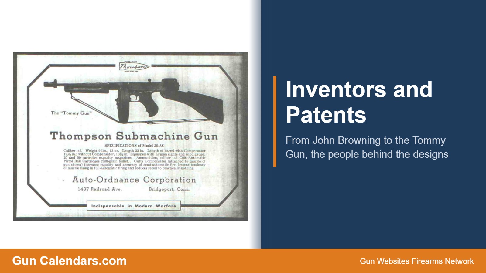 Thompson Submachine Gun advertisement, Inventors and Patents on Gun Calendars.com