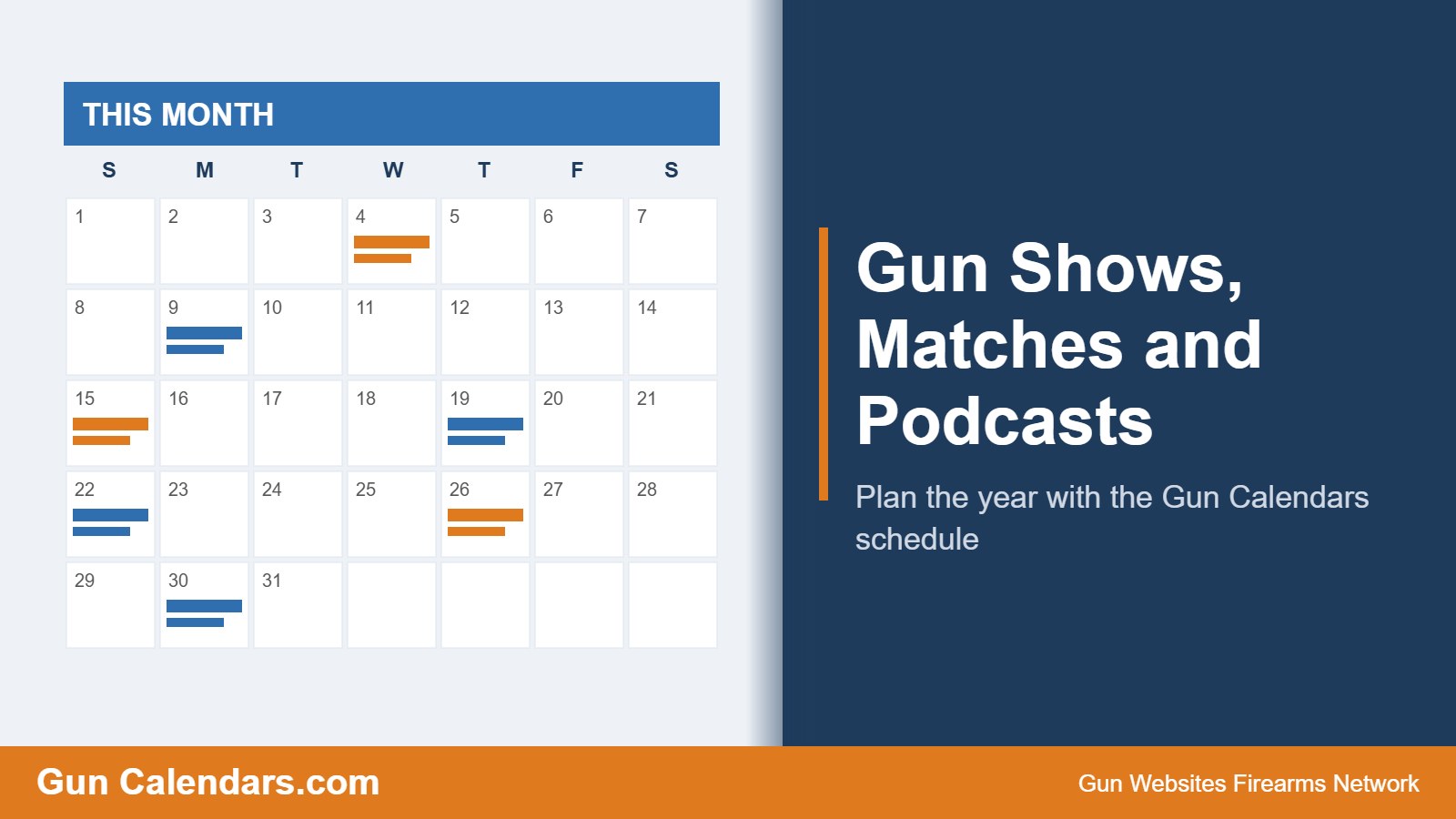 Monthly calendar graphic for gun shows, matches and podcasts on Gun Calendars.com